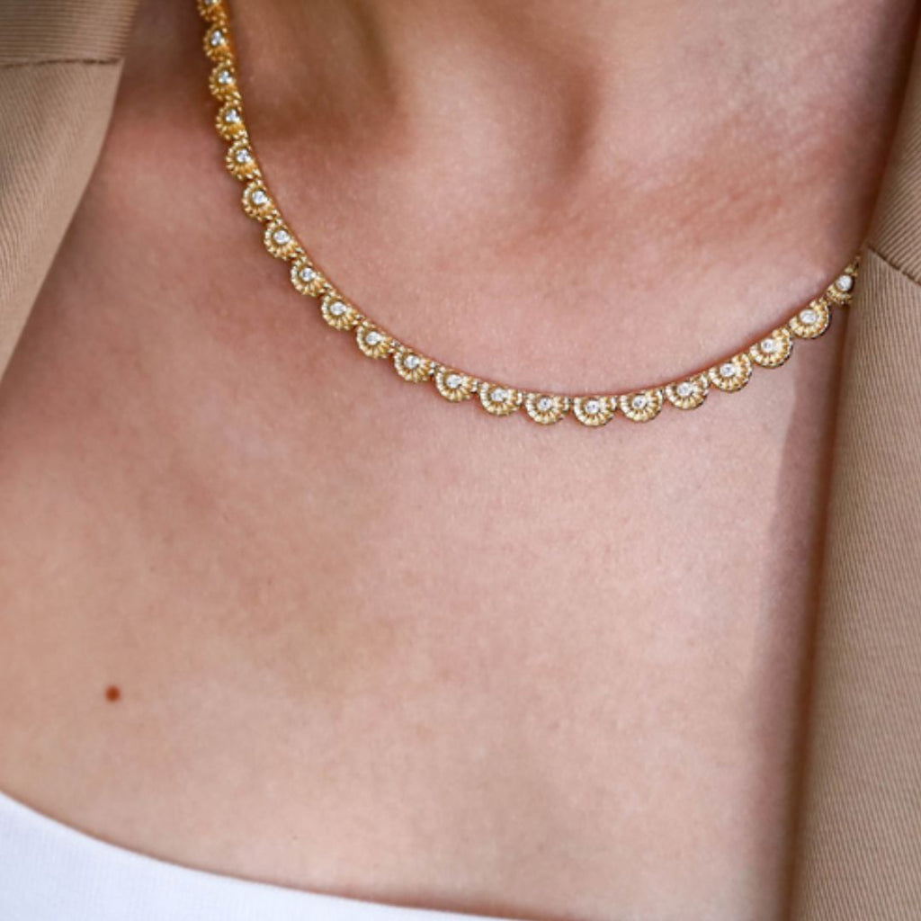 Chakra Half Dome White Diamond Necklace in Yellow Gold