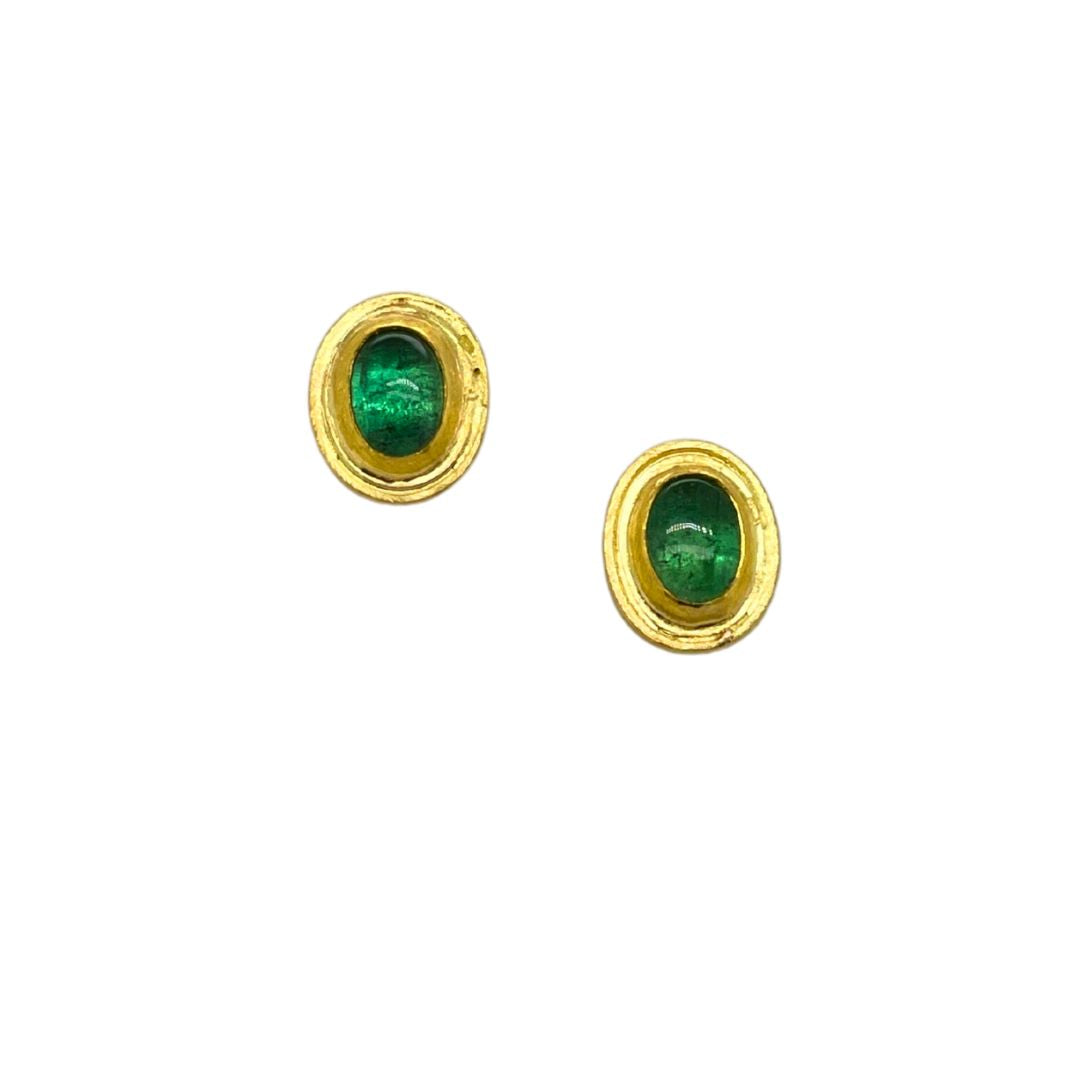 Emerald Cabochon Studs in Yellow Gold