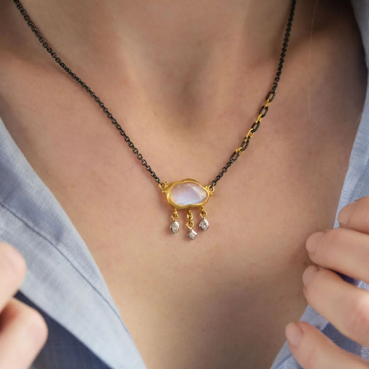 Moondance Thunderstorm Moonstone Necklace in Oxidized Sterling Silver and Yellow Gold