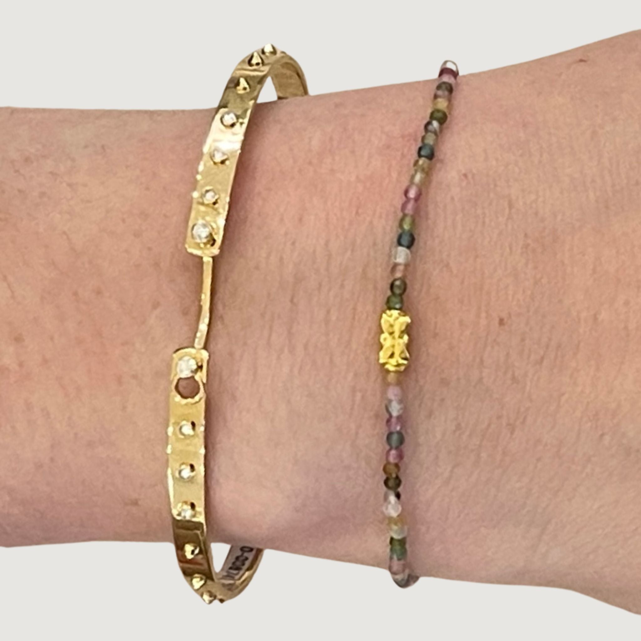 Butterfly Mixed Watermelon Tourmaline Beaded Bracelet in Yellow Gold