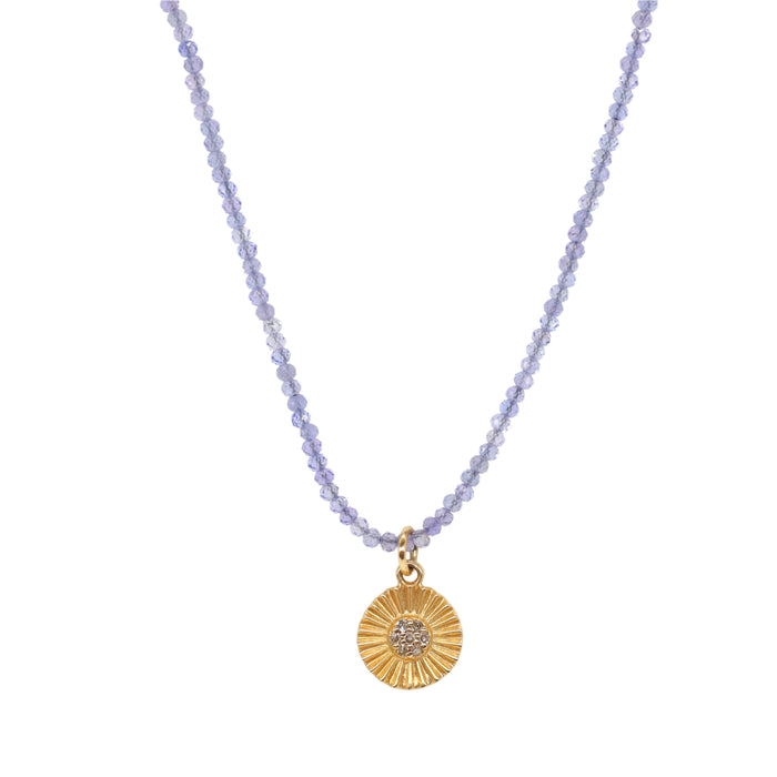 Tanzanite Beaded Necklace with Diamond Disc in Yellow Gold