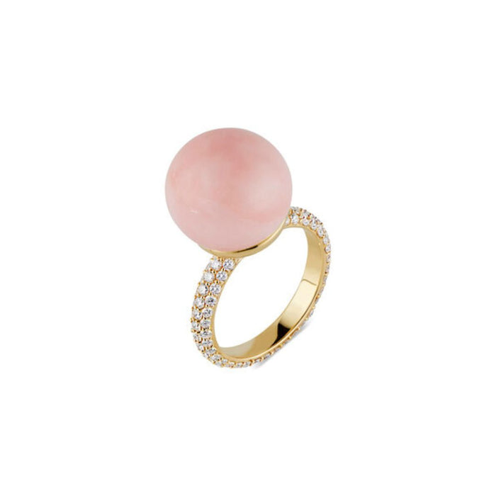 Round Pink Opal Pave Ring in Yellow Gold