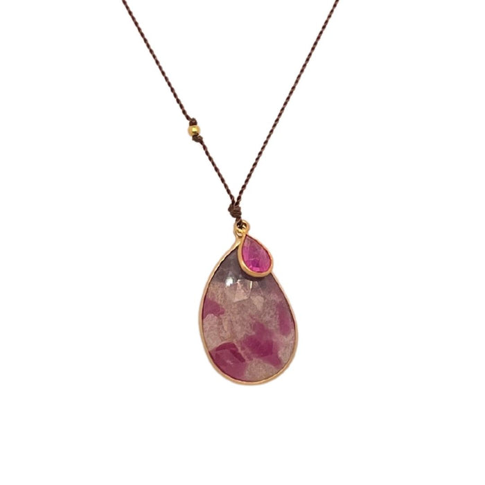 Opaque Ruby and Teardrop Ruby Necklace in Yellow Gold