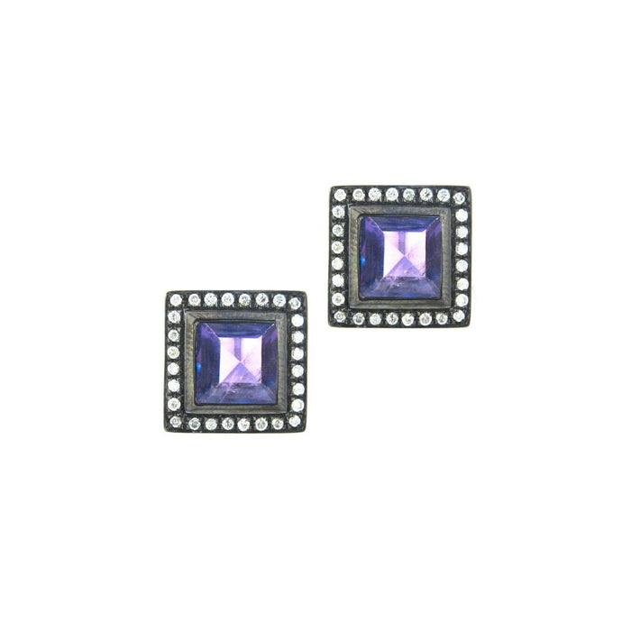 Square Amethyst and Diamond Earrings in Blackened Silver