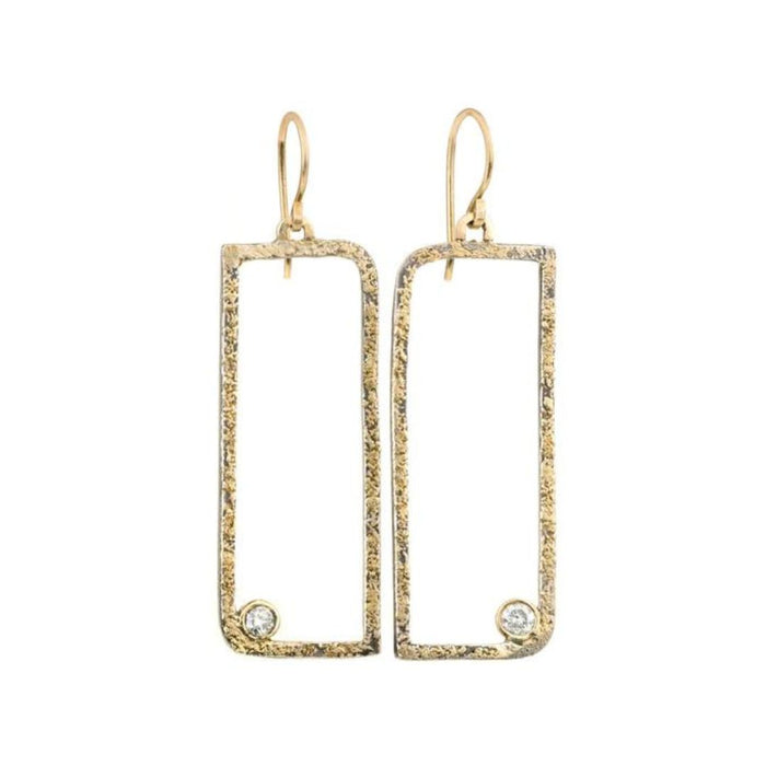 Floating Square Diamond Drop Earrings in Yellow Gold and Oxidized Argentium Silver