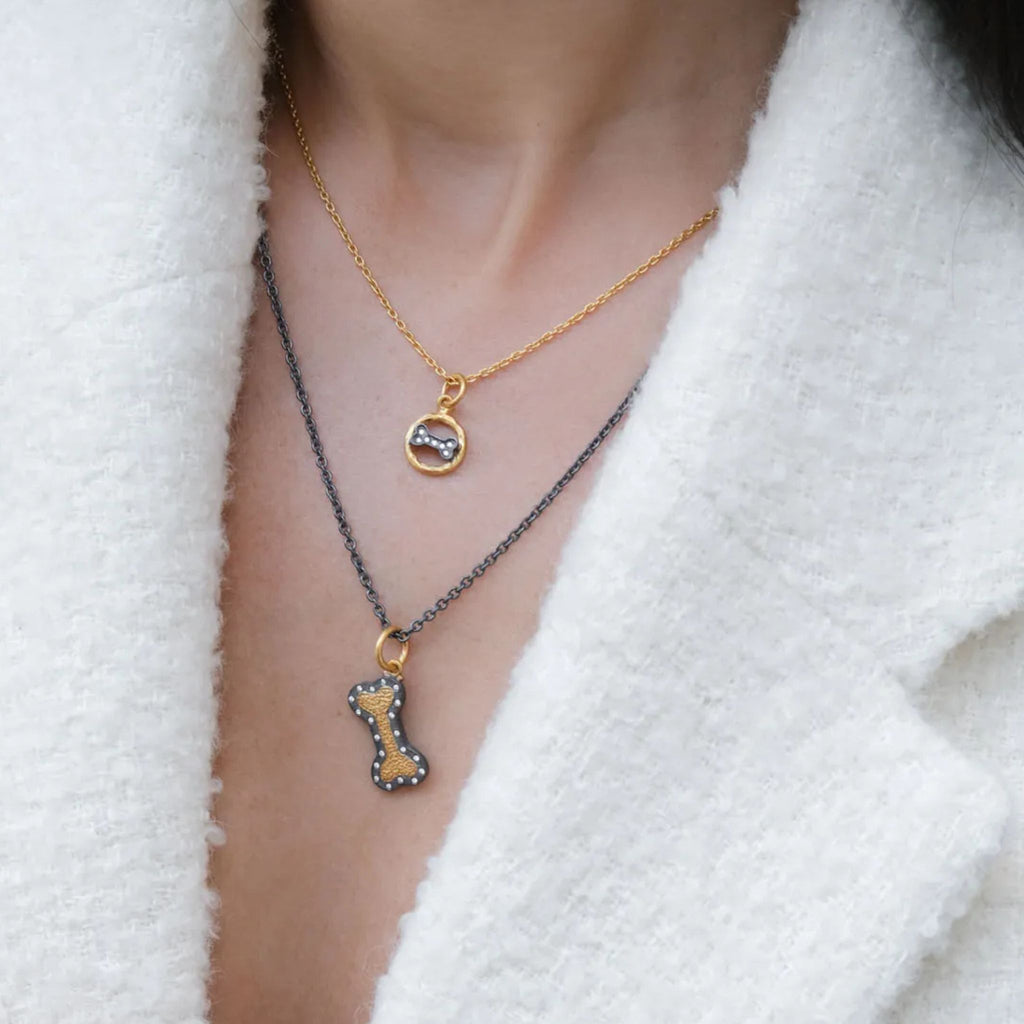 Chase Dog Bone Pendant in Oxidized Sterling Silver and Yellow Gold