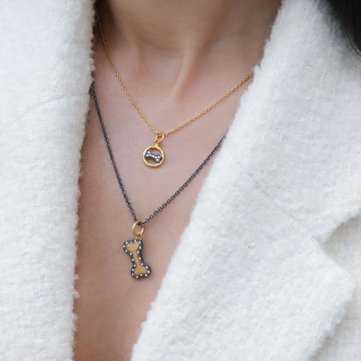Chase Dog Bone Pendant in Oxidized Sterling Silver and Yellow Gold