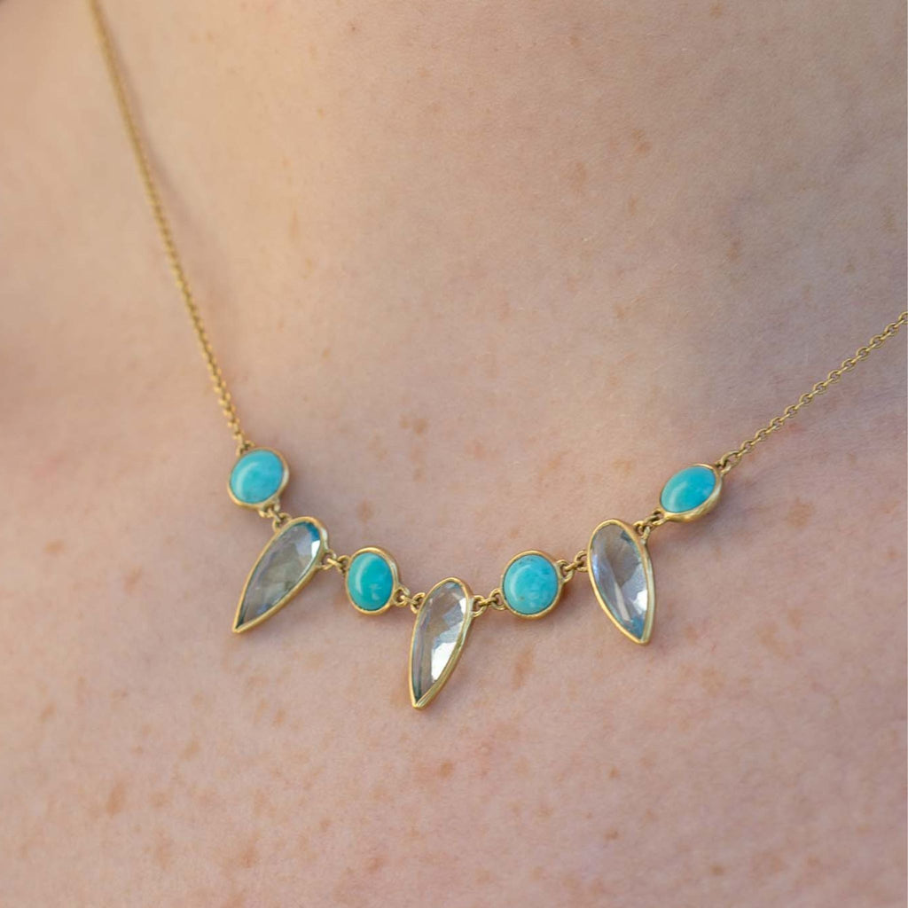 Turquoise and Blue Topaz Necklace in Yellow Gold