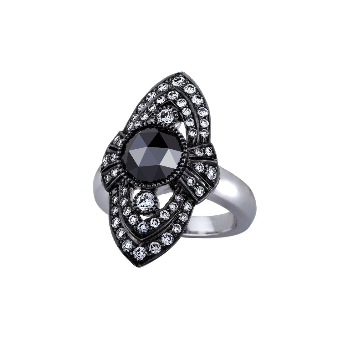 Deco Shield Black and White Diamond Ring