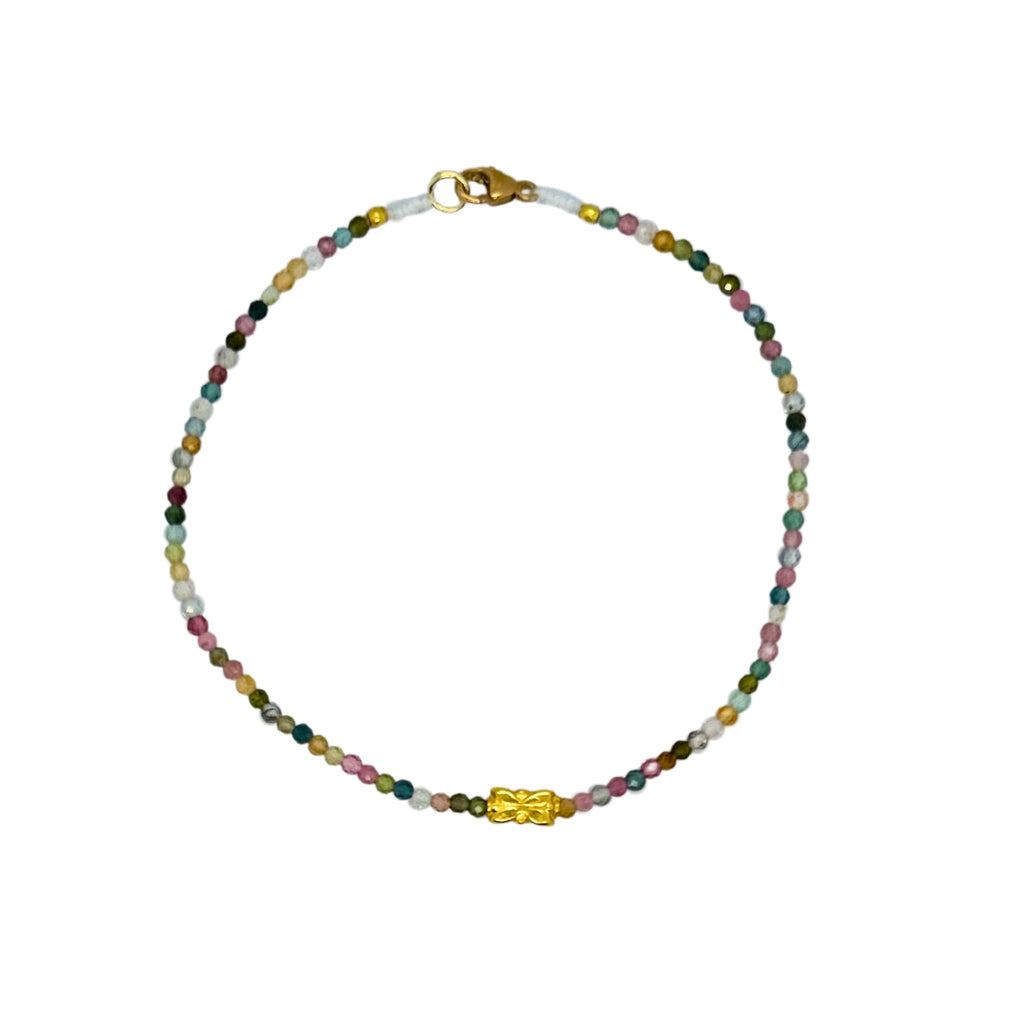 Butterfly Mixed Watermelon Tourmaline Beaded Bracelet in Yellow Gold