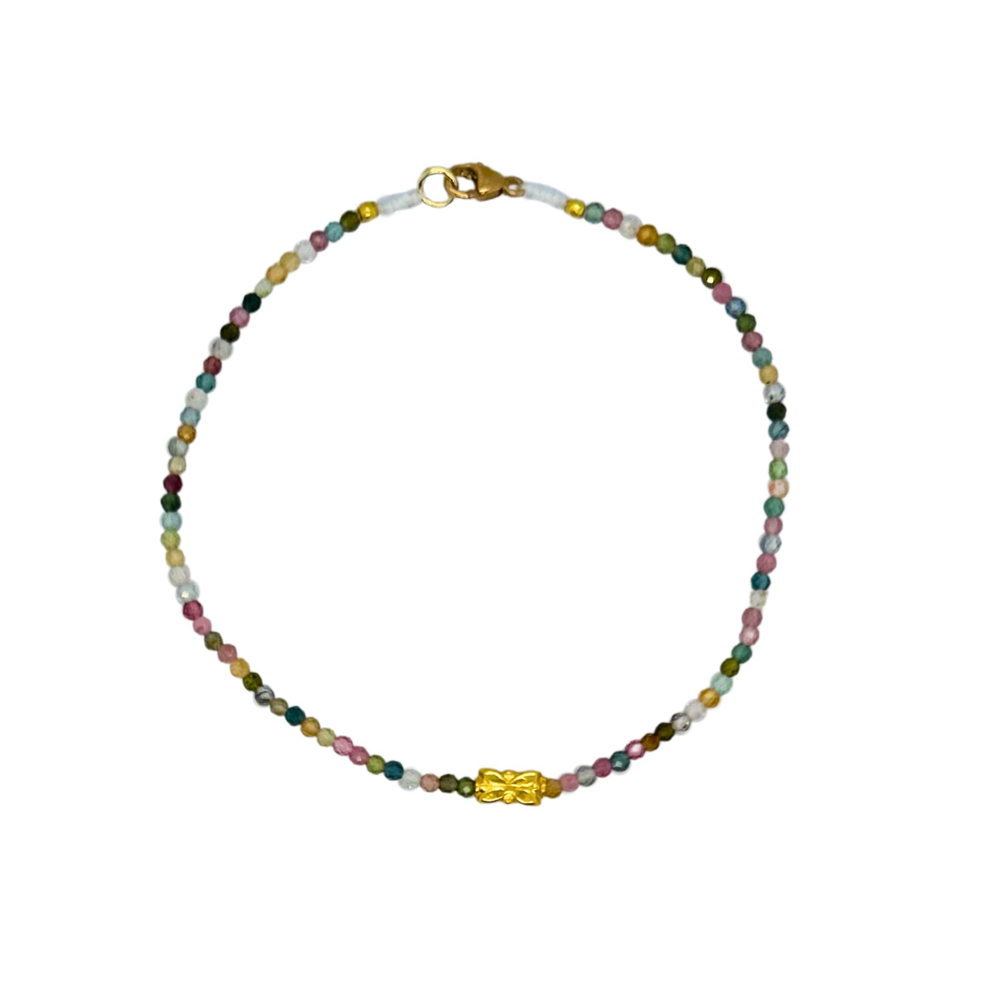 Butterfly Mixed Watermelon Tourmaline Beaded Bracelet in Yellow Gold