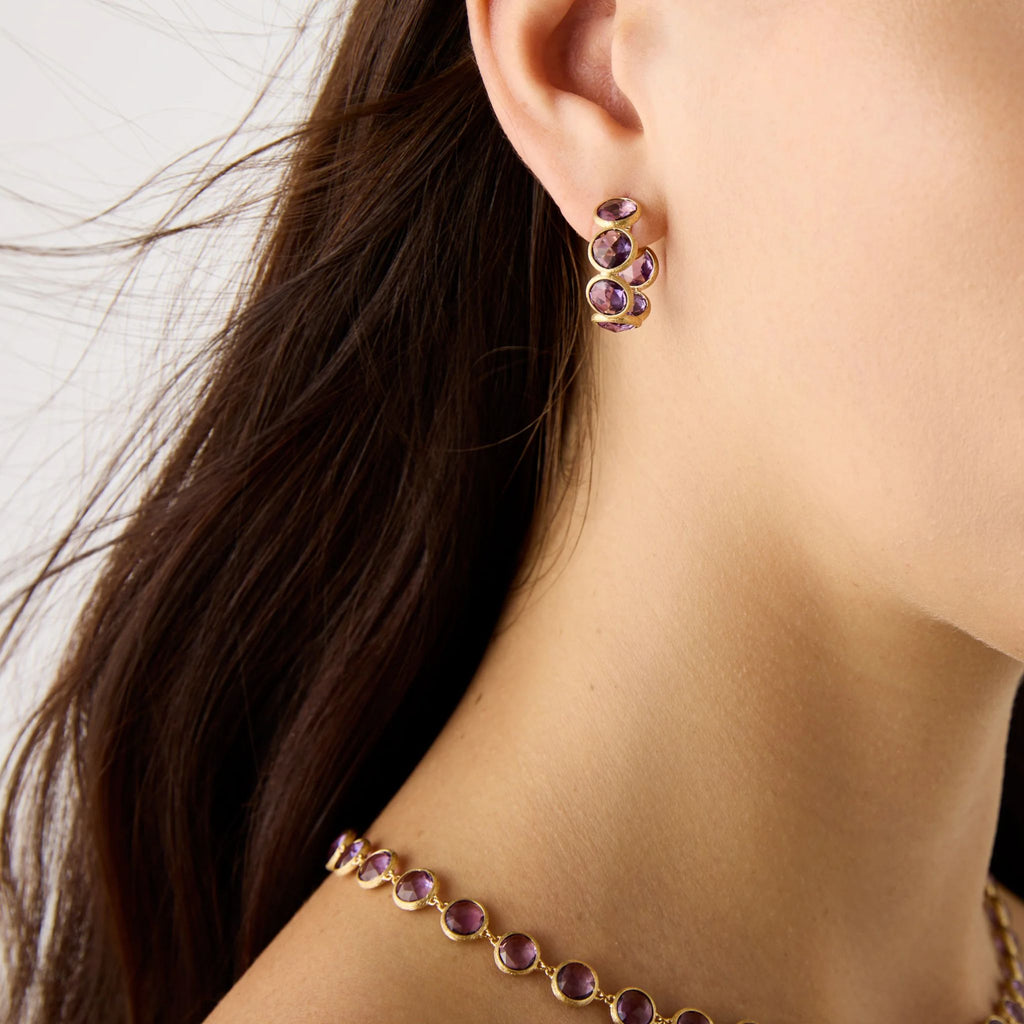 Jaipur Color Amethyst Hoops in Yellow Gold