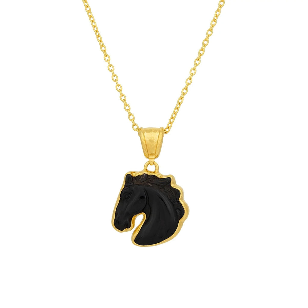 Antiquities One-of-a-Kind Carved Obsidian Horse Pendant Necklace in Yellow Gold