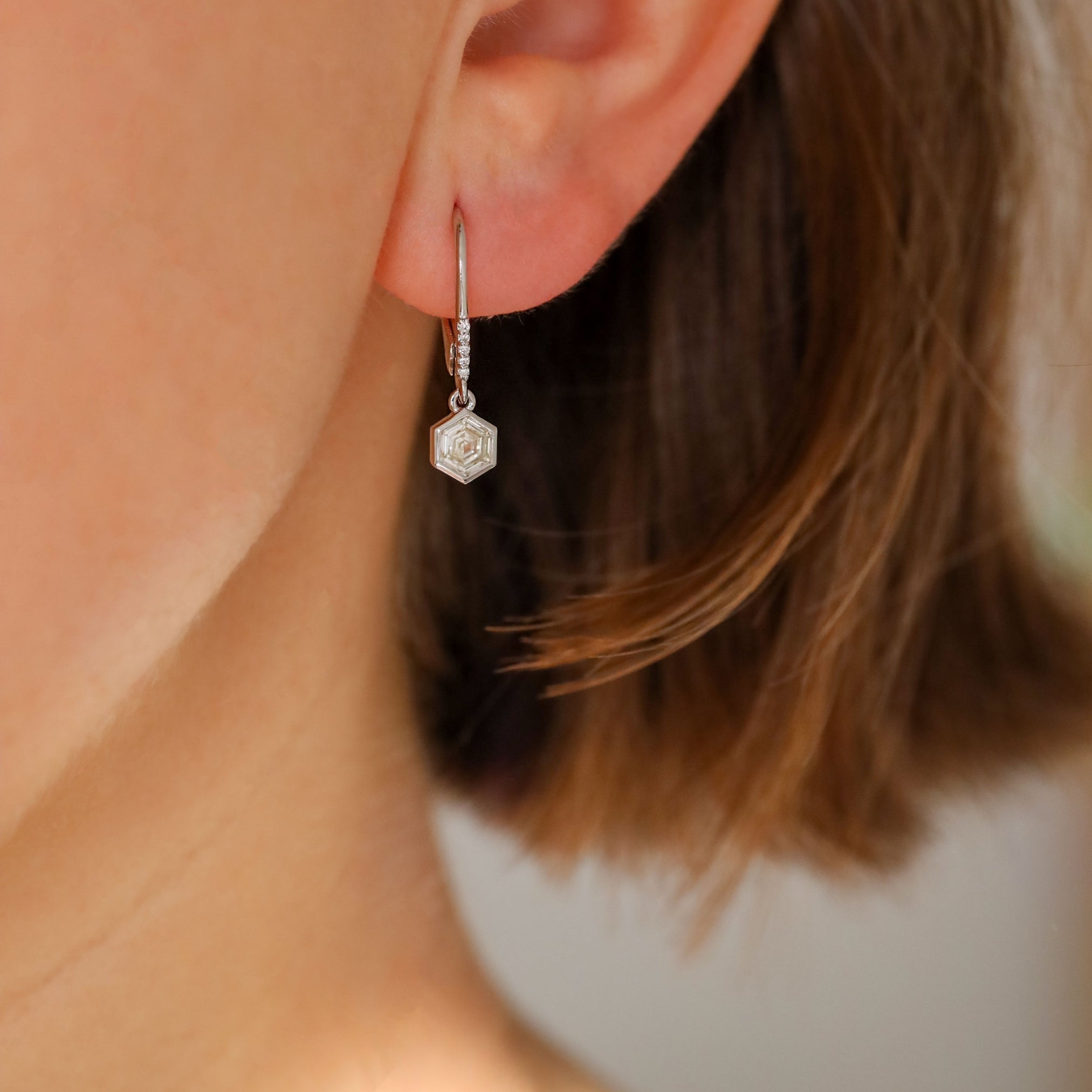 Hexagon White Diamond Drop Earrings in White Gold