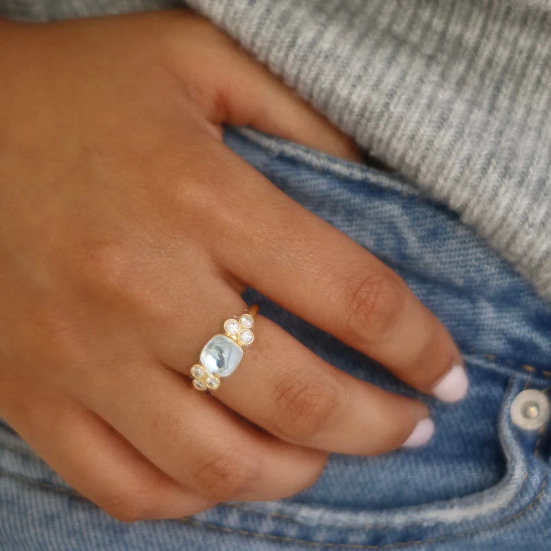 Sugarloaf Blue Topaz Cabochon Diamond Ring in Yellow Gold