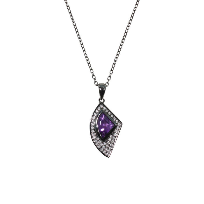 Shark Tooth Amethyst and Diamond Pendant in Blackened Sterling Silver