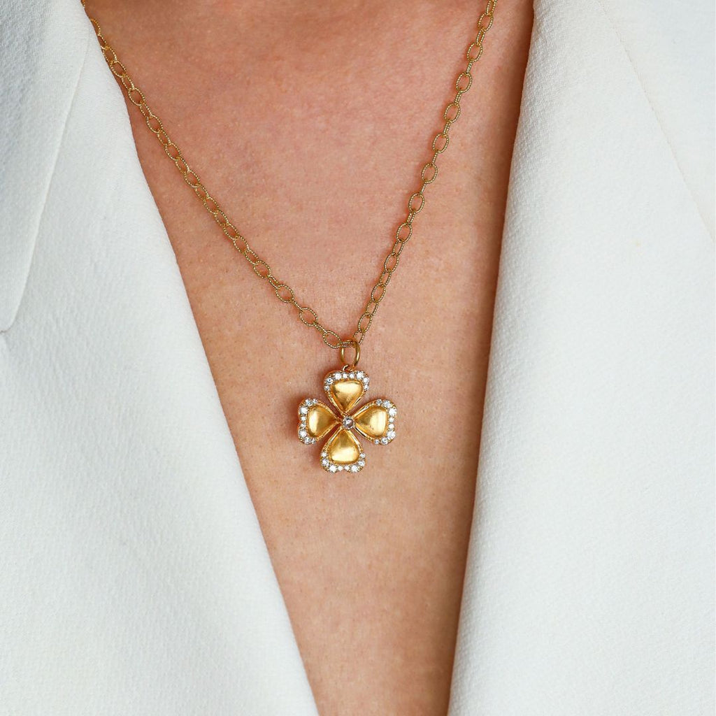 Clover White Diamond Charm in Yellow Gold