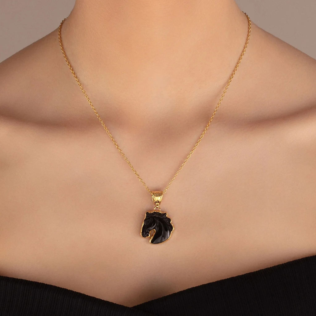 Antiquities One-of-a-Kind Carved Obsidian Horse Pendant Necklace in Yellow Gold