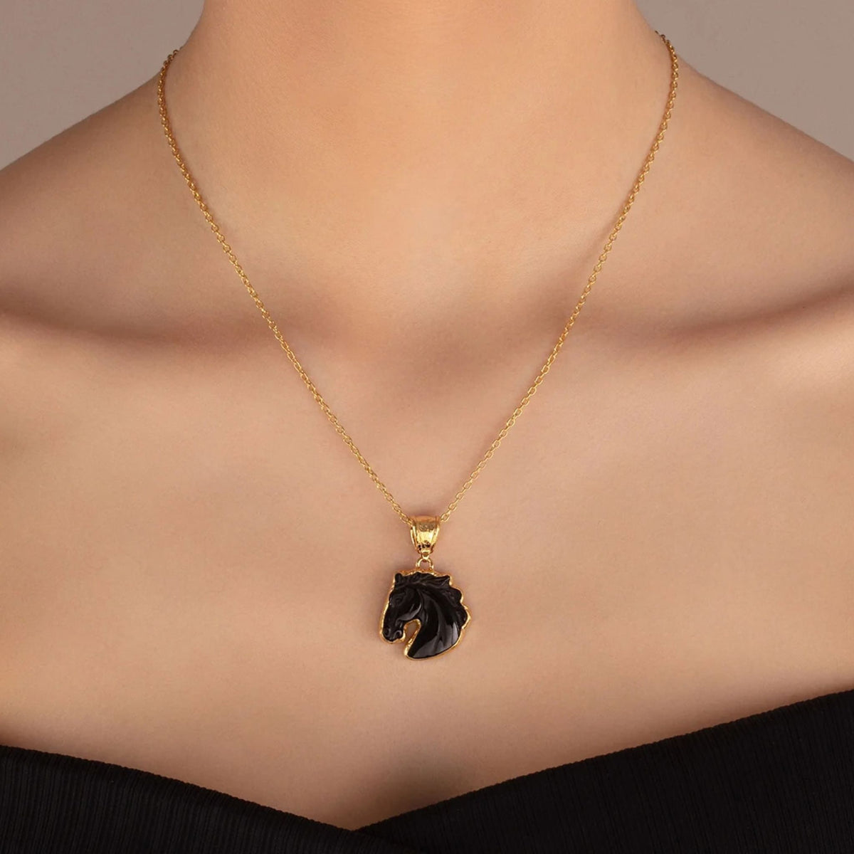 Antiquities One-of-a-Kind Carved Obsidian Horse Pendant Necklace in Yellow Gold