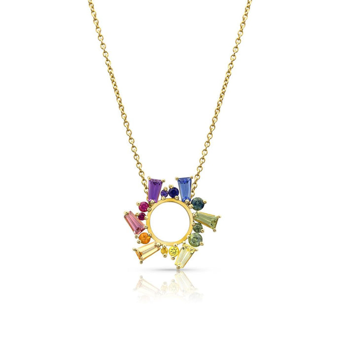 Rainbow Sapphire Small Open Circle Necklace in Yellow Gold