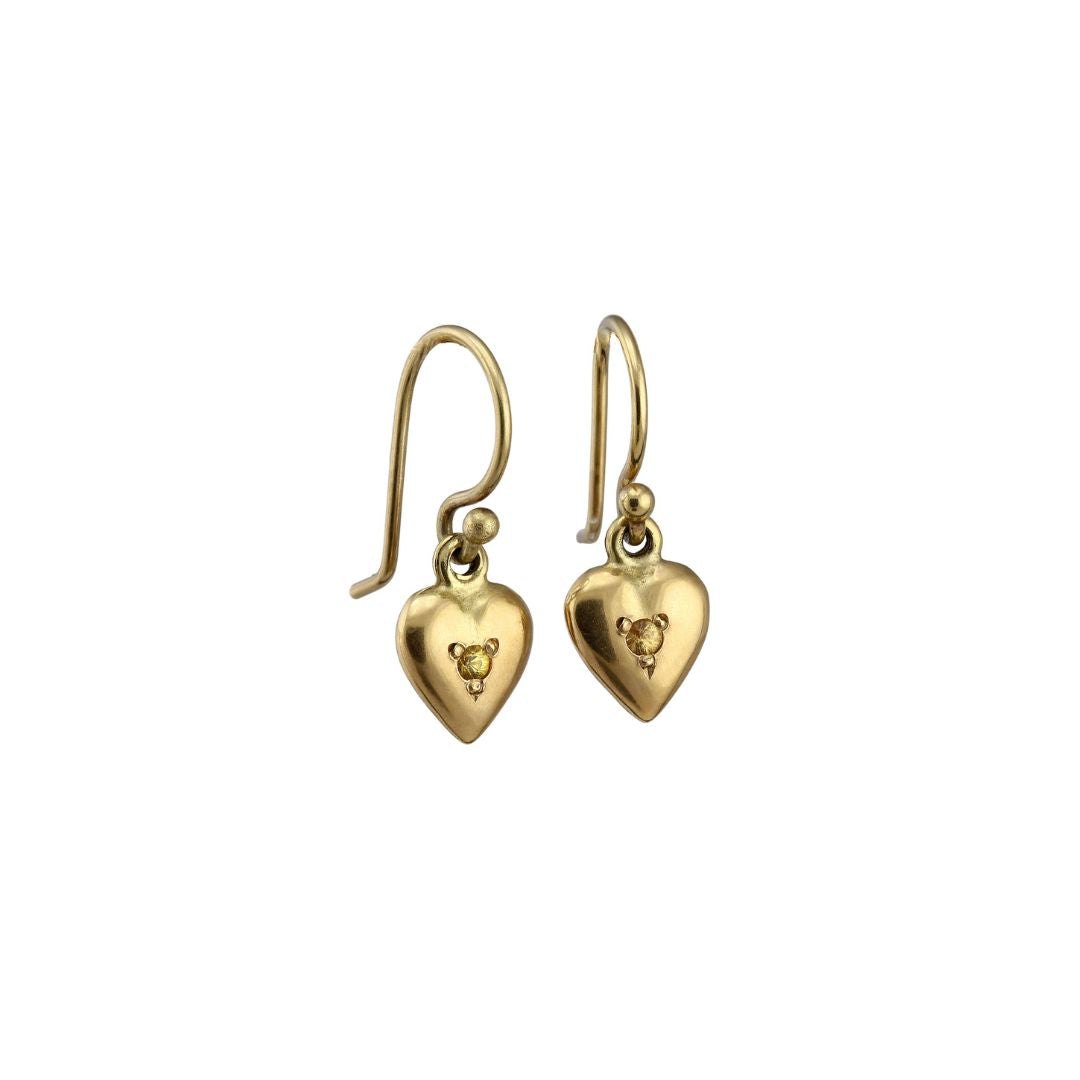Puff Heart Drop Earrings in Yellow Gold