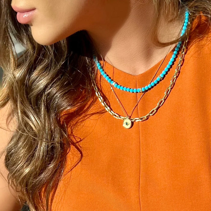 Sleeping Beauty Turquoise Bead Necklace in Yellow Gold