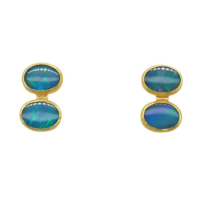 Double Opal Stud Earrings in Yellow Gold