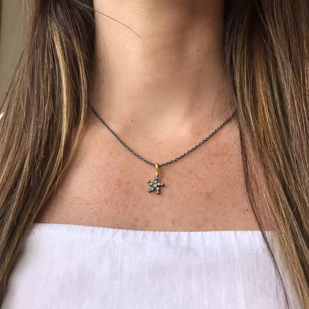 Dylan Celeste Necklace in Oxidized Sterling Silver and Yellow Gold