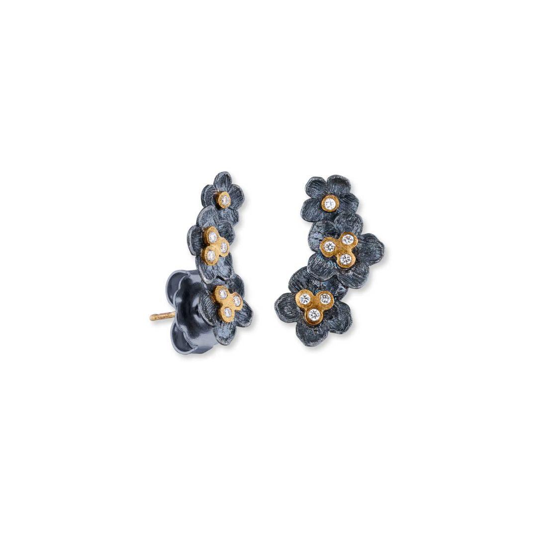 Buttercup Diamond Climber Earrings in Oxidized Sterling Silver and Yellow Gold