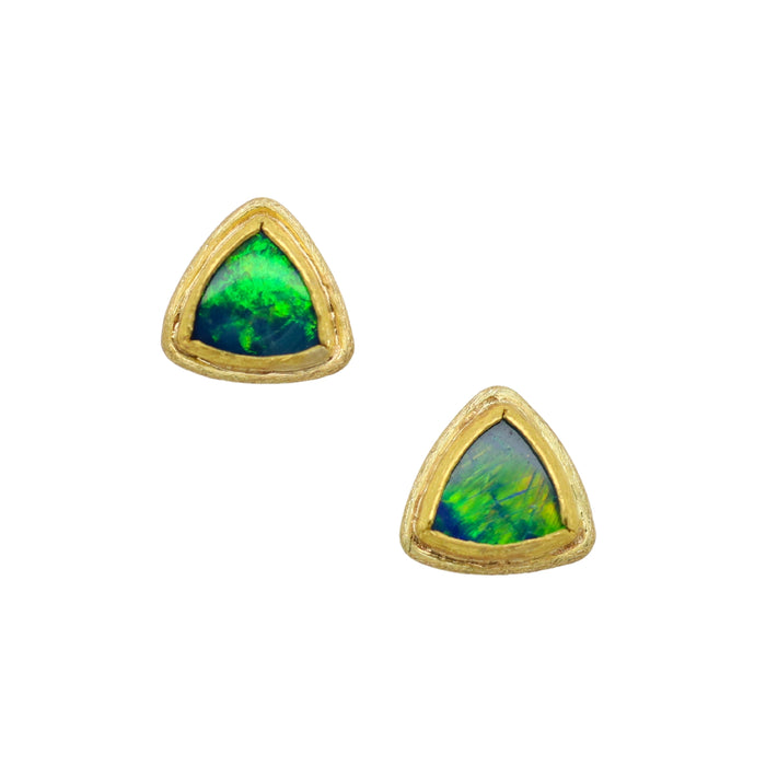 Triangular Australian Opal Earrings in Yellow Gold