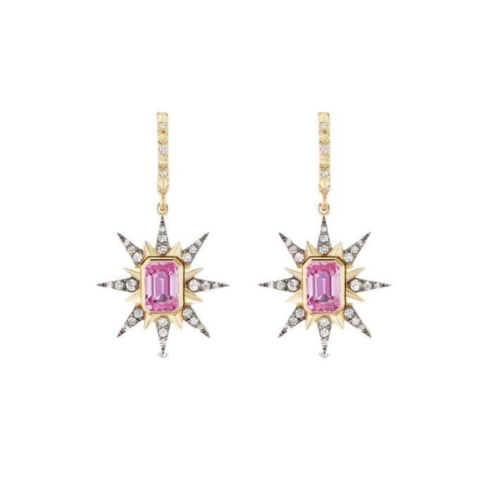 Pink Sapphire Starburst Drop Earrings in Yellow Gold