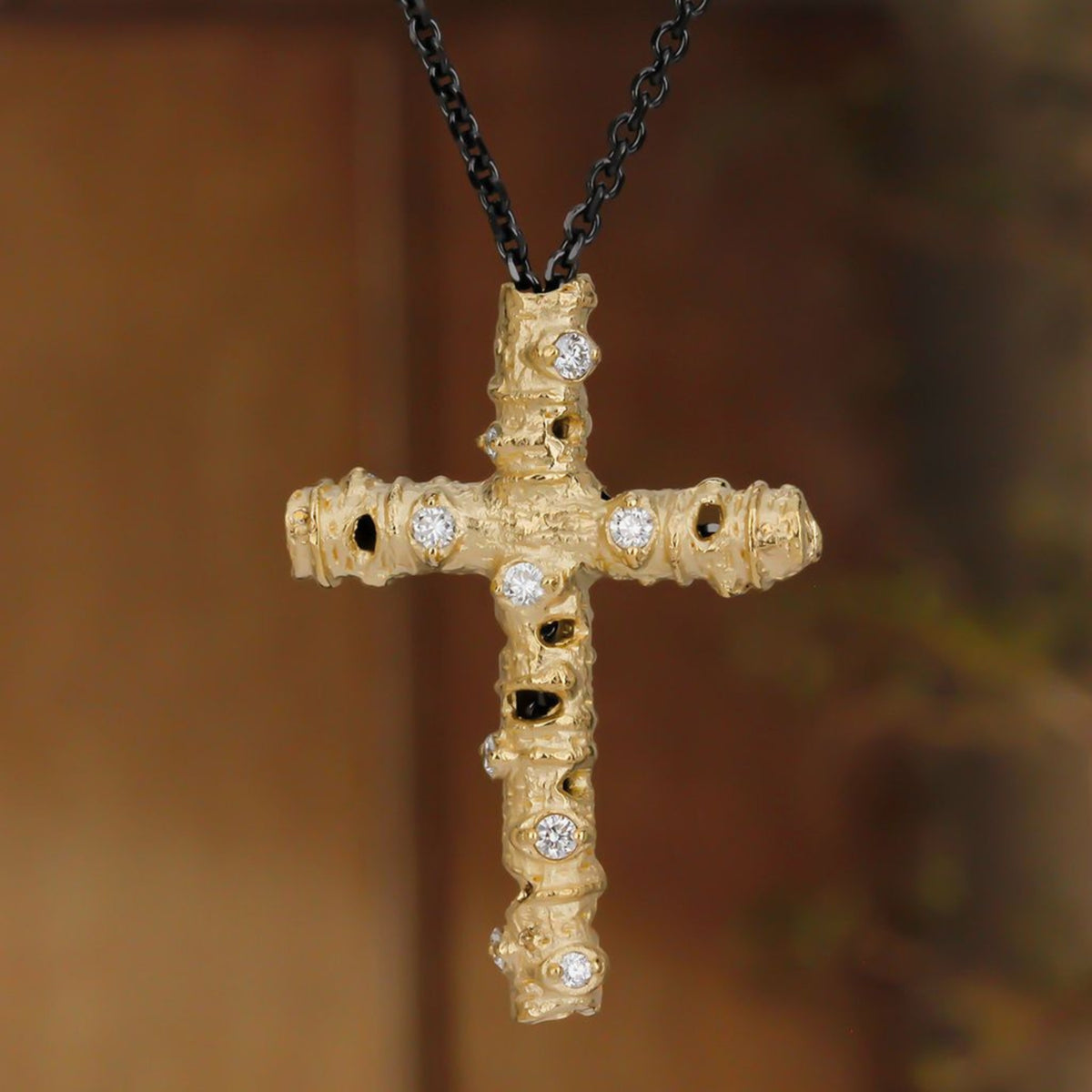 Aspen Cross Pendant with Diamonds in Yellow Gold and Steel Chain