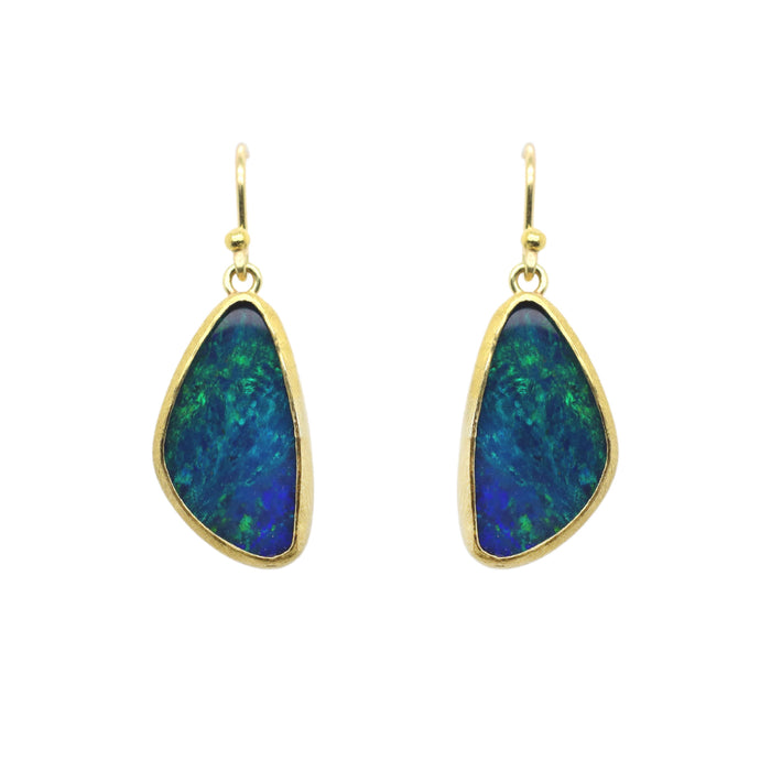 Opal Doublet Drop Earrings in Yellow Gold