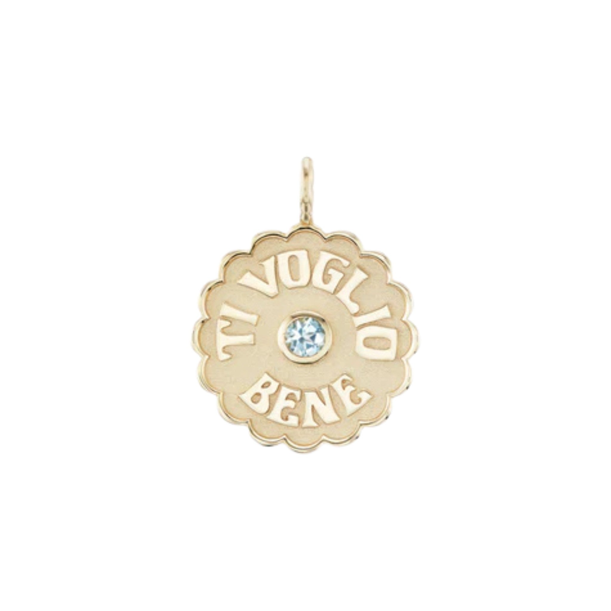 Large Raised Gold Ti Voglio Bene Aquamarine Charm in Yellow Gold