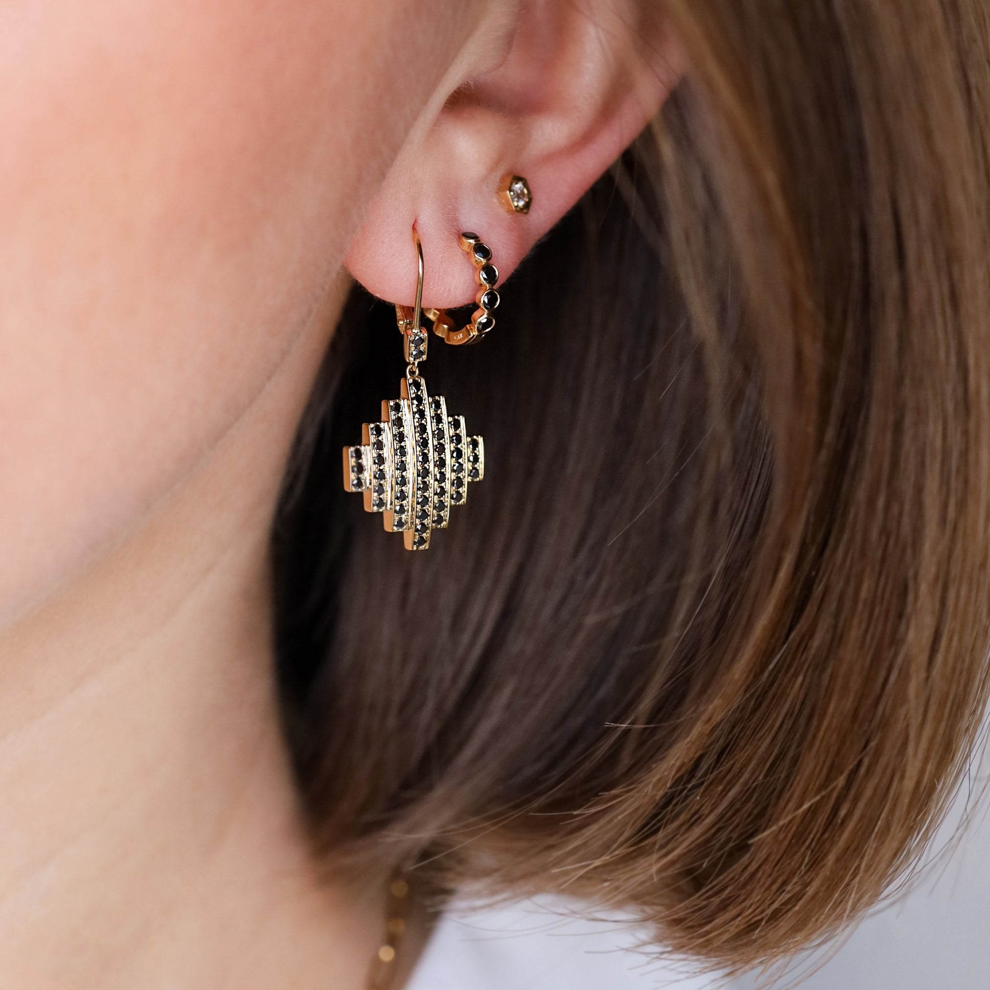 Stella Black Diamond Drop Earrings in Yellow Gold