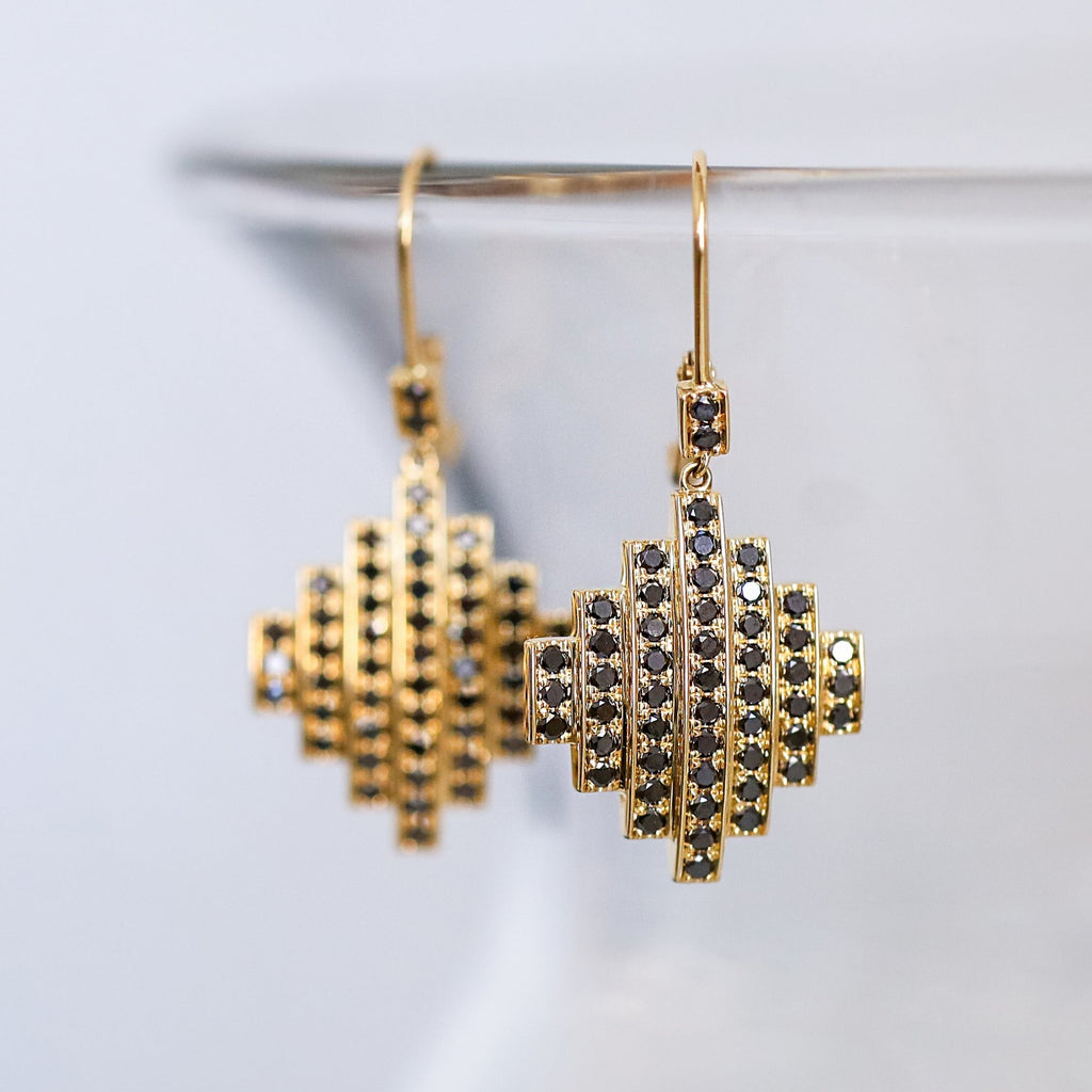 Stella Black Diamond Drop Earrings in Yellow Gold