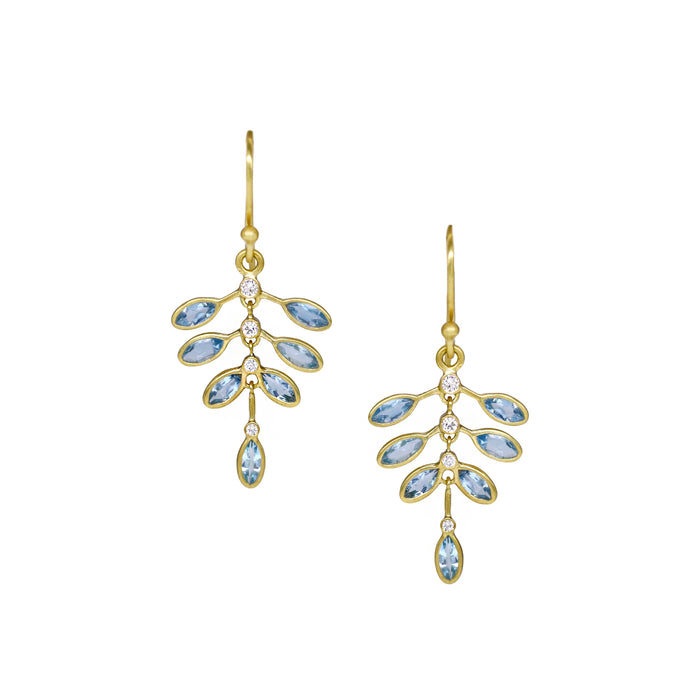 Aquamarine Fern Earrings with diamonds in Yellow Gold