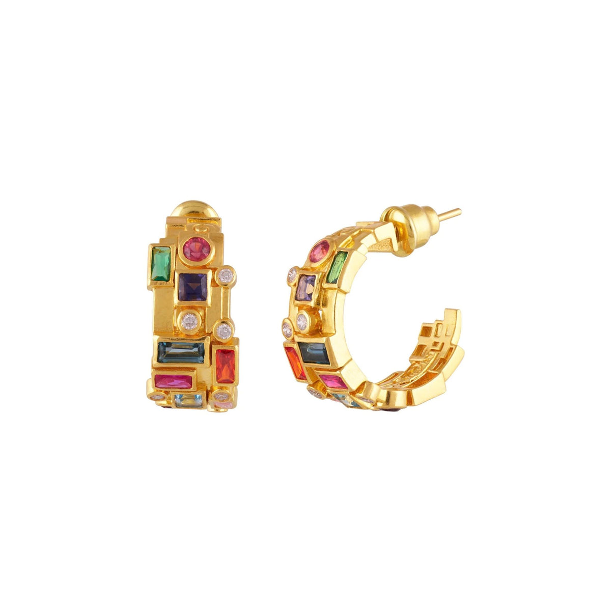 Embrace Multi-Stone Tapered Hoops in Yellow Gold