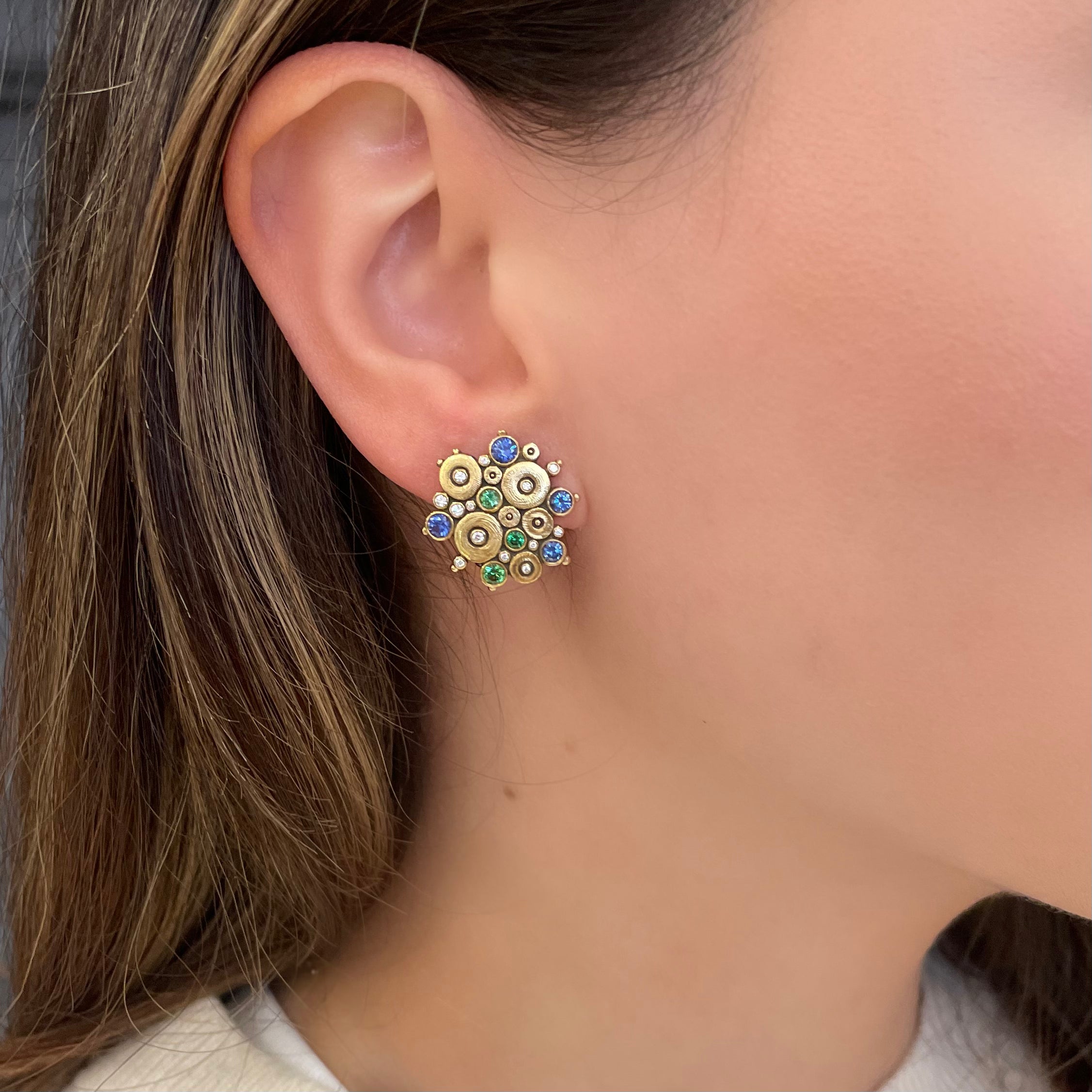 Ocean Earrings with Diamond, Tsavorite, and Sapphires in Yellow Gold