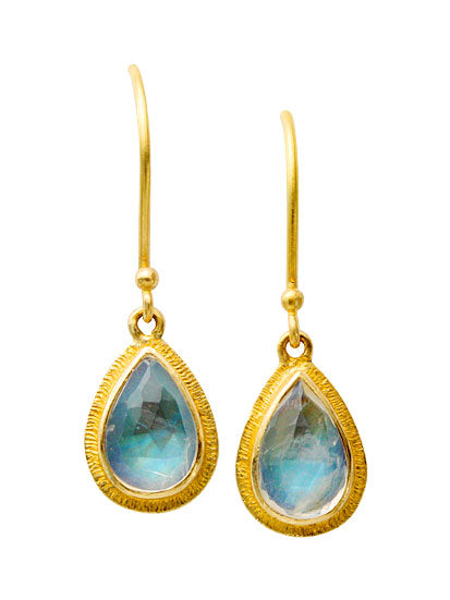 Blue Moonstone Pear Drops in Yellow Gold