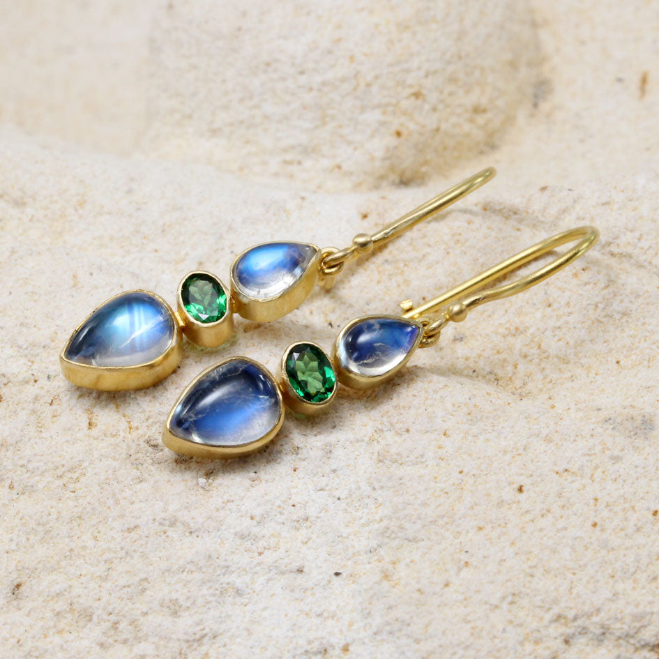Blue Moonstone and Tsavorite Drop Earrings in Yellow Gold