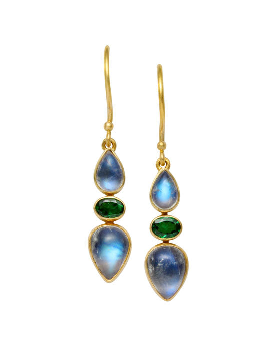 Blue Moonstone and Tsavorite Drop Earrings in Yellow Gold