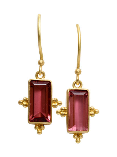 Pink Tourmaline Drop Earrings in Yellow Gold
