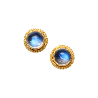 Braided Blue Moonstone Studs in Yellow Gold