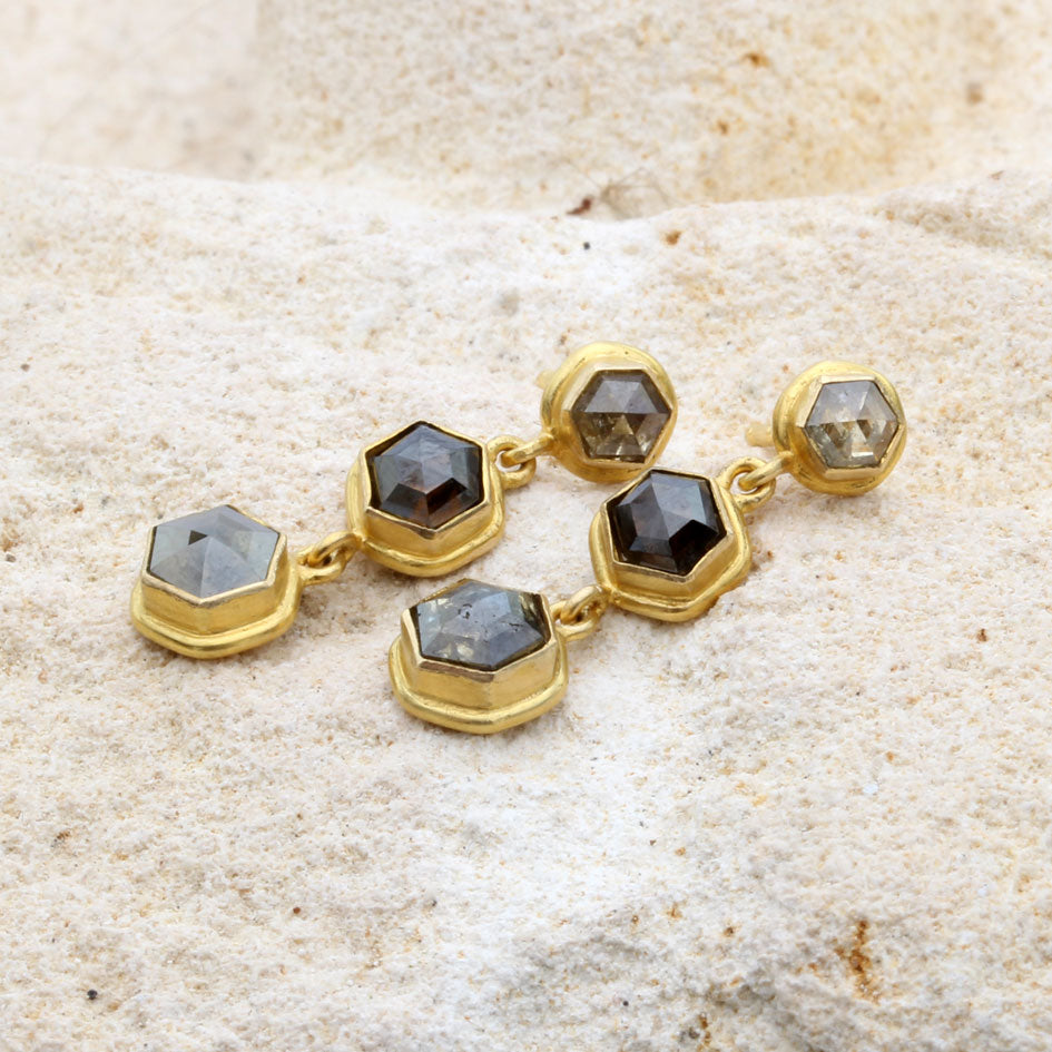 3 Stone Diamond Earrings in Yellow Gold