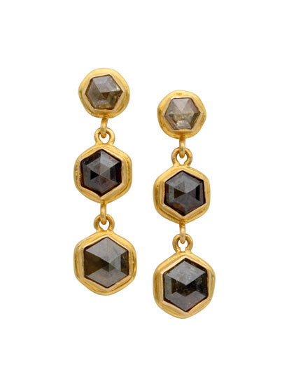 3 Stone Diamond Earrings in Yellow Gold