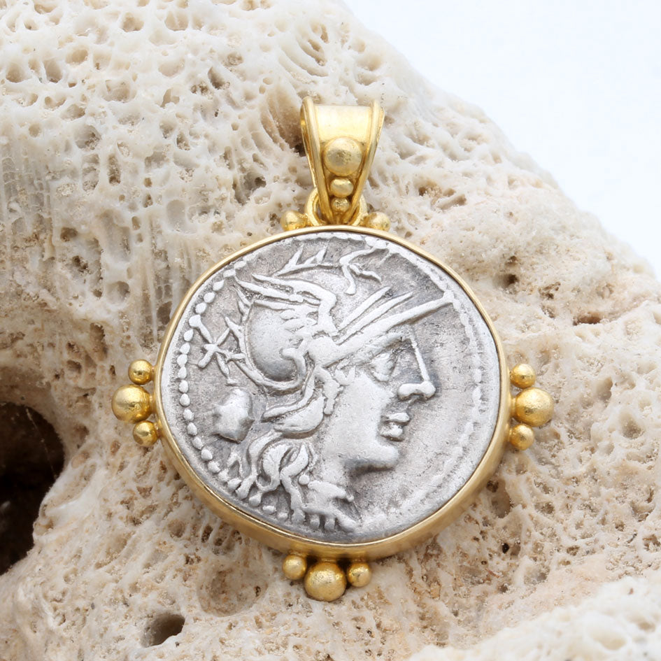 Helmeted Head of Roma Coin Pendant in Yellow Gold