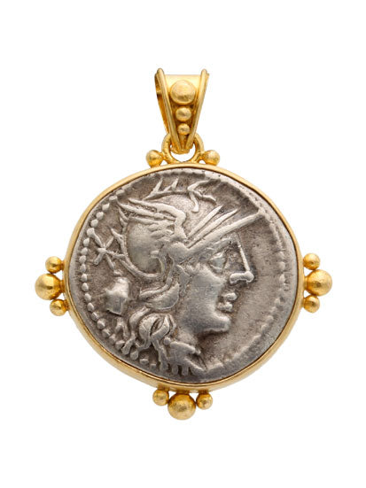 Helmeted Head of Roma Coin Pendant in Yellow Gold