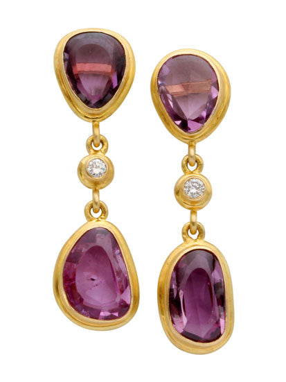 Pink Sapphire Diamond Drops in Yellow Gold