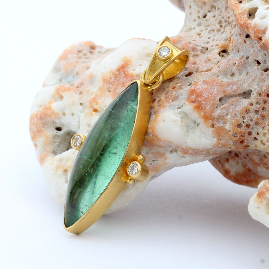 Green Tourmaline and Diamond Pendant in Yellow Gold